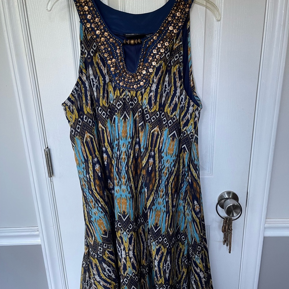 Blue and Brown Embellished Ruched Mini Sundress